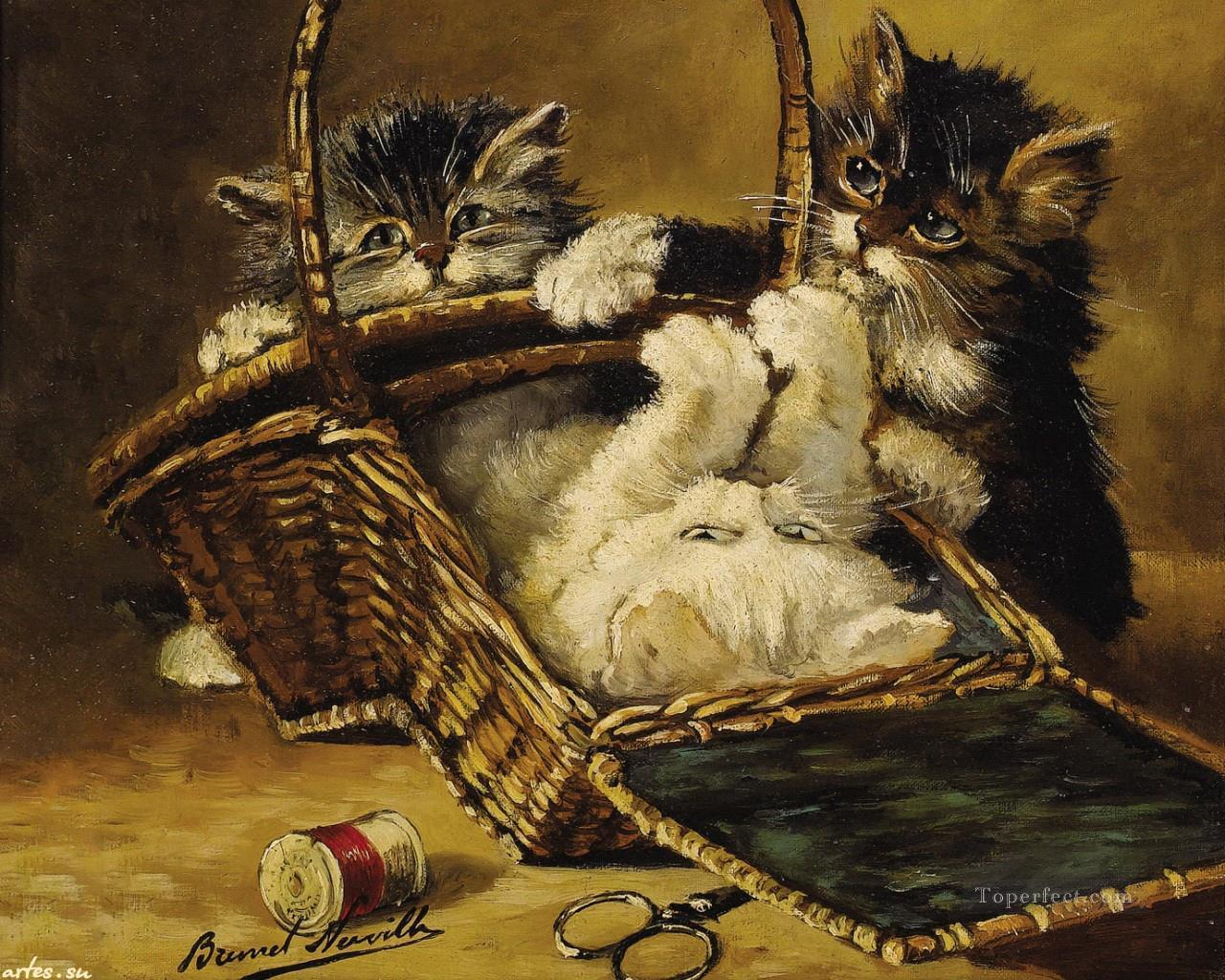 Kätzchen in einem Korb Alfred Brunel de Neuville Ölgemälde